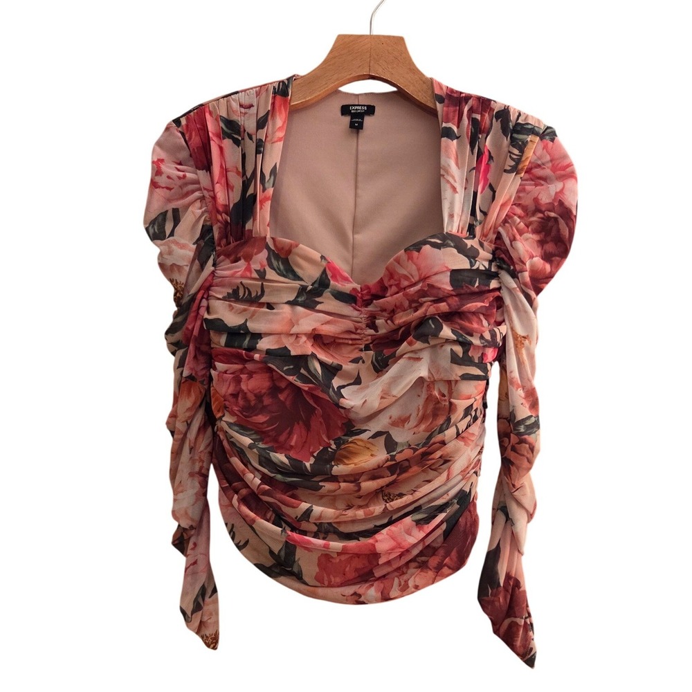 Express Bodycon Floral Ruched Mesh Sweetheart Neck Long Sleeve Top Pink Sz M - Picture 3 of 13